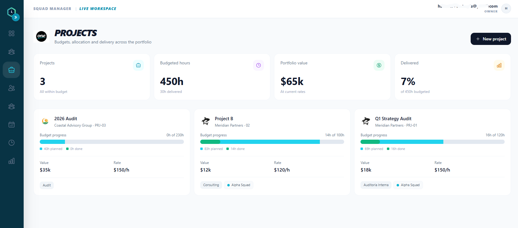 HourSquad project view showing budget progress bar and hour breakdown with color-coded status