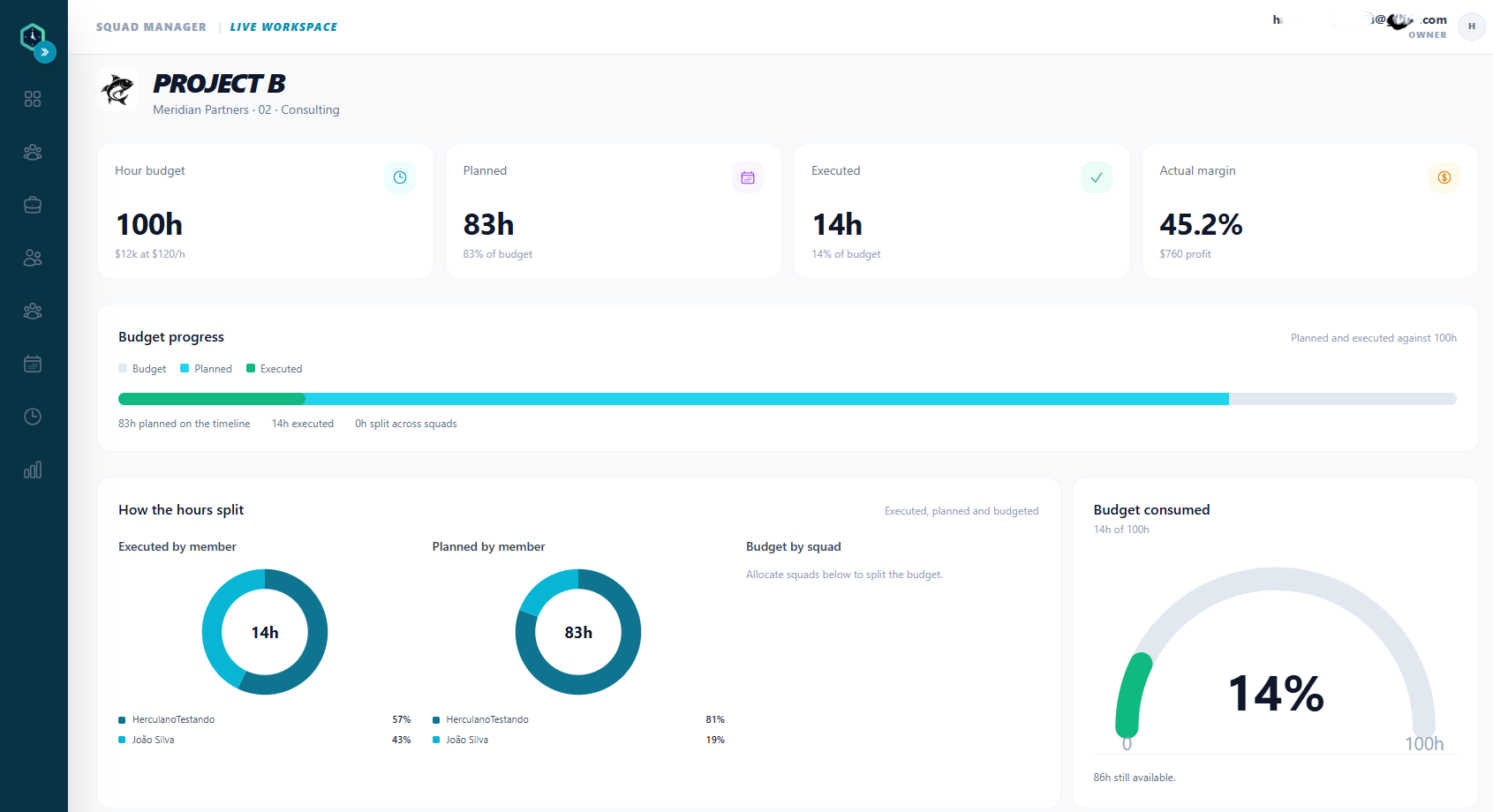 HourSquad charts showing hours breakdown by project type, project, and client