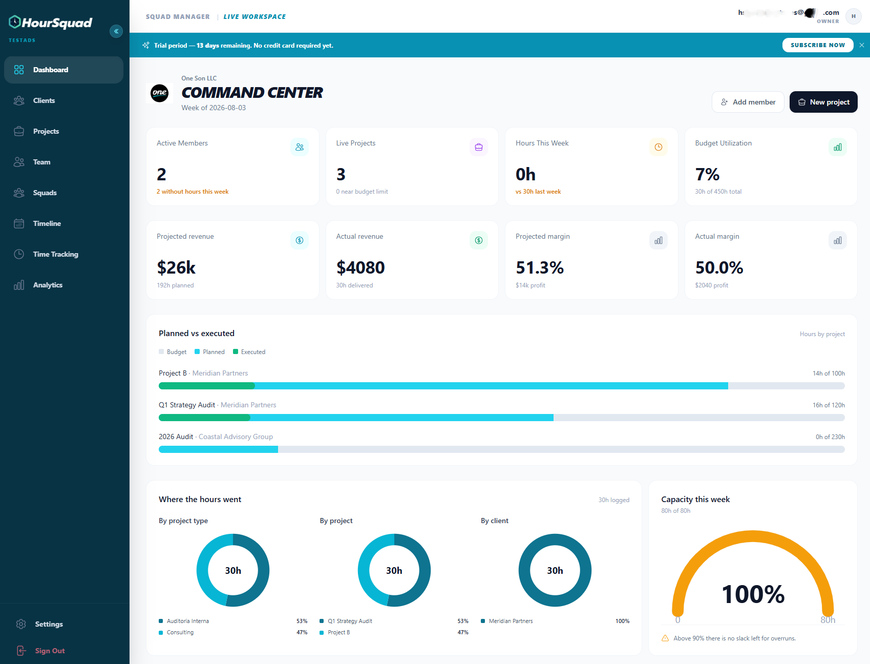 HourSquad Command Center dashboard showing active members, live projects, hours this week, and budget utilization